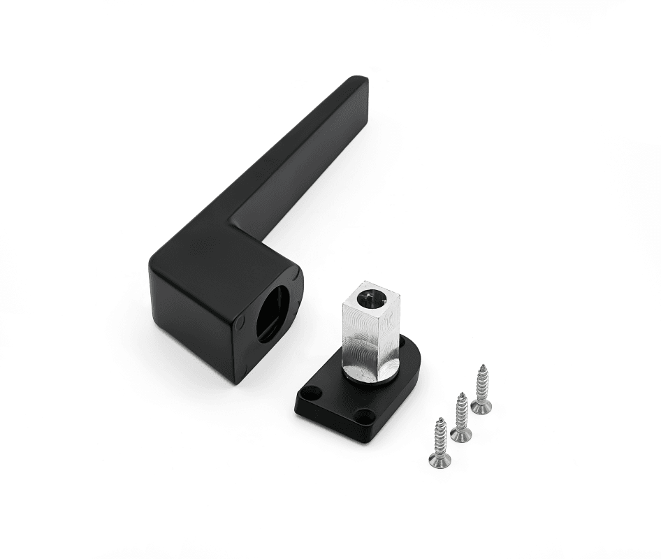 Matt black lever with its spindle and fixing screws