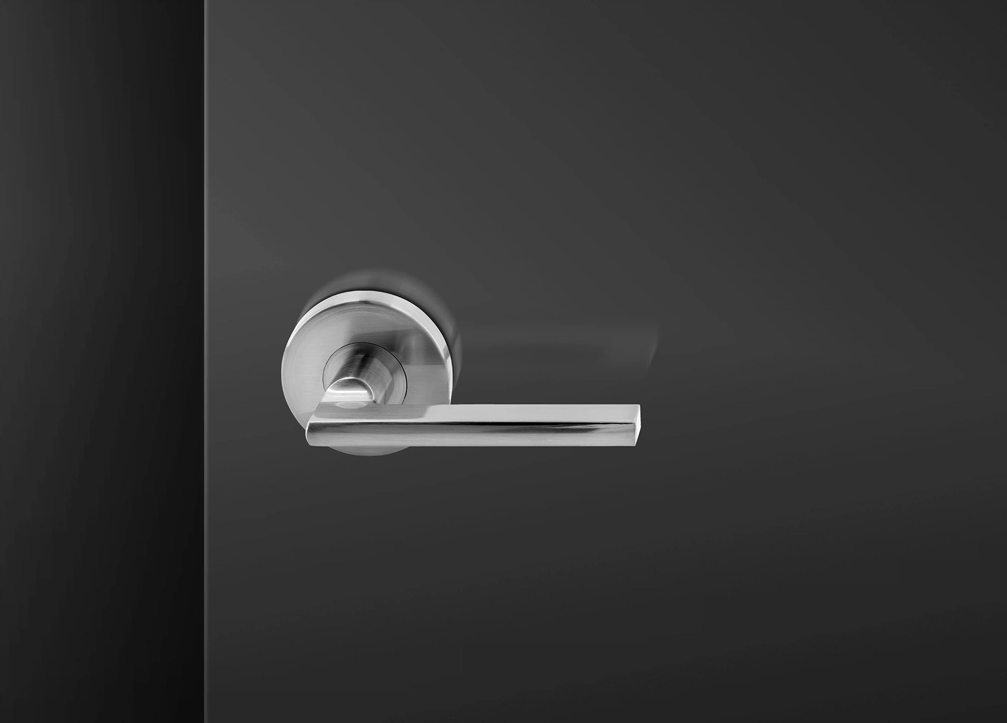 Satin chrome lever handle on a dark door